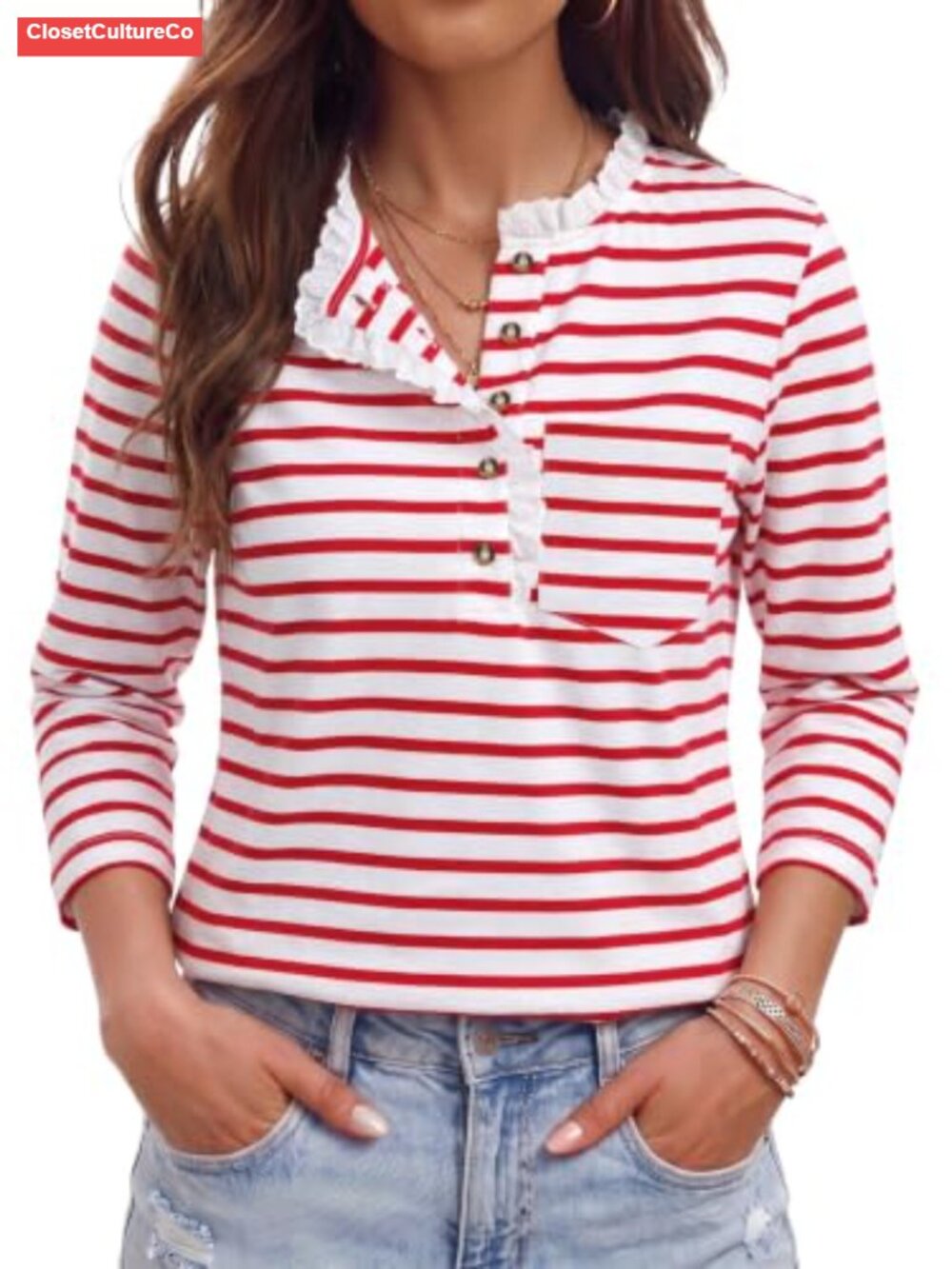 Dokotoo Women's 3/4 Sleeve Henley V Neck Striped Ruffle Lace Trim T Shirt